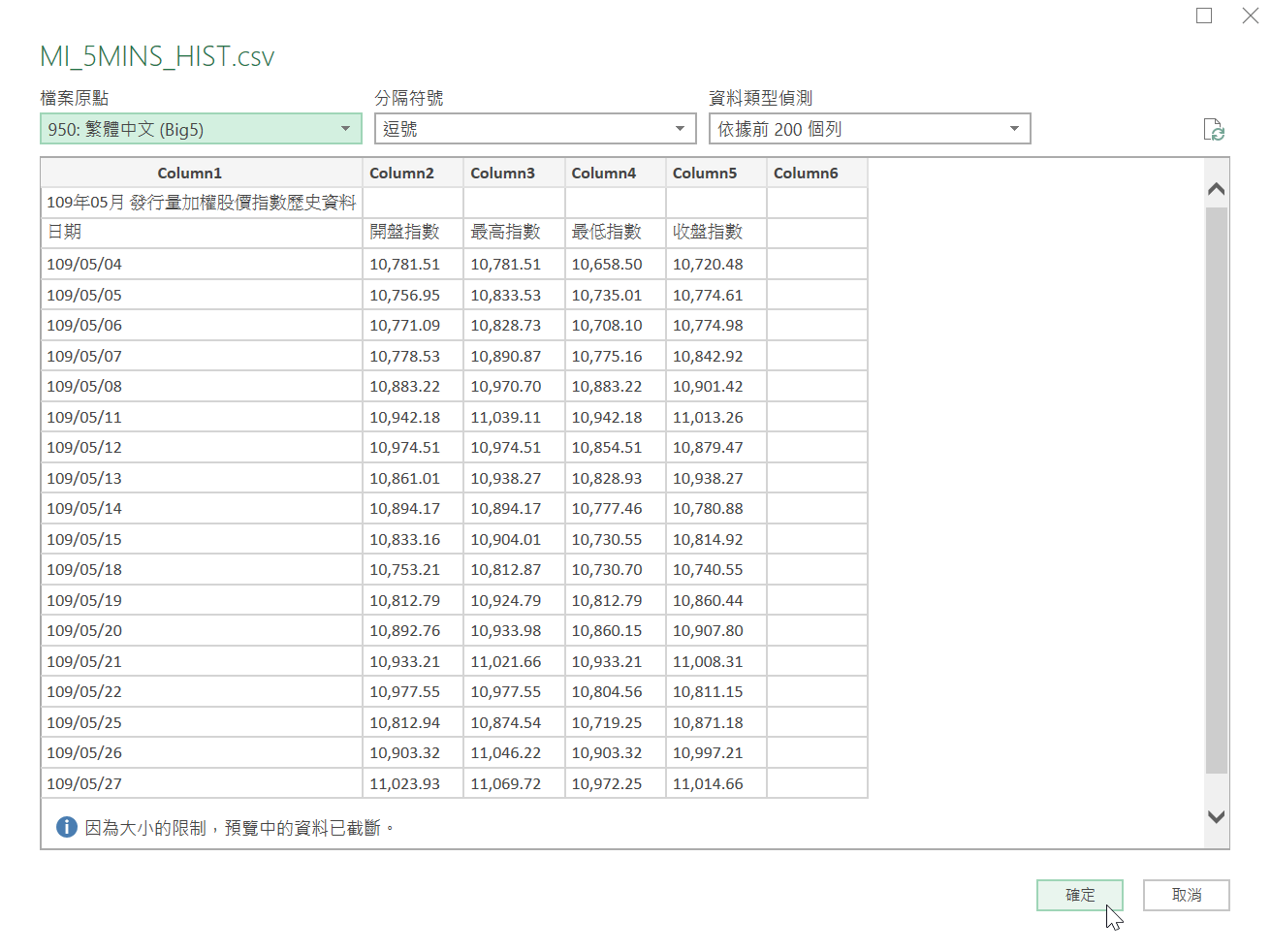 Power Query取得證券交易所加權股票指數csv，匯入Excel 9