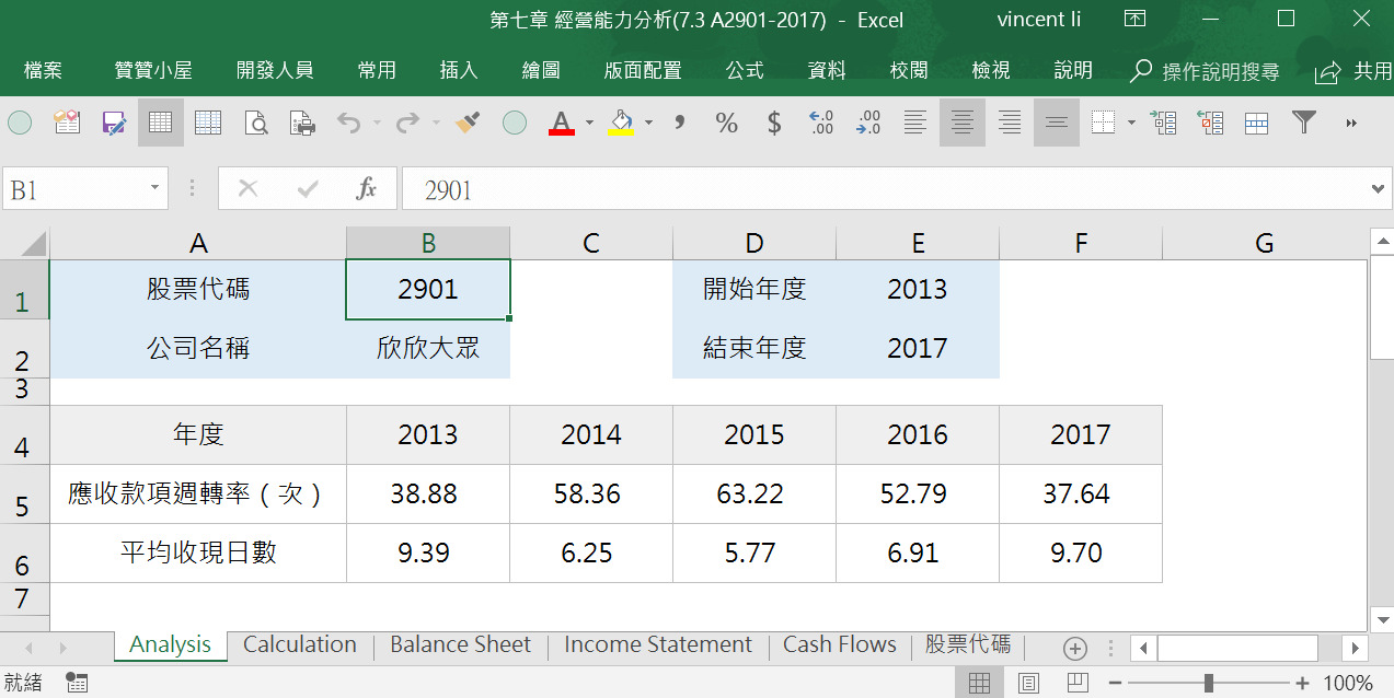 Excel VBA財報下載，分析比較三家公司平均收現天數 5