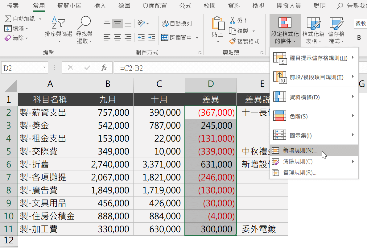 Excel費用差異分析表：篩選及條件式格式編製報告 11